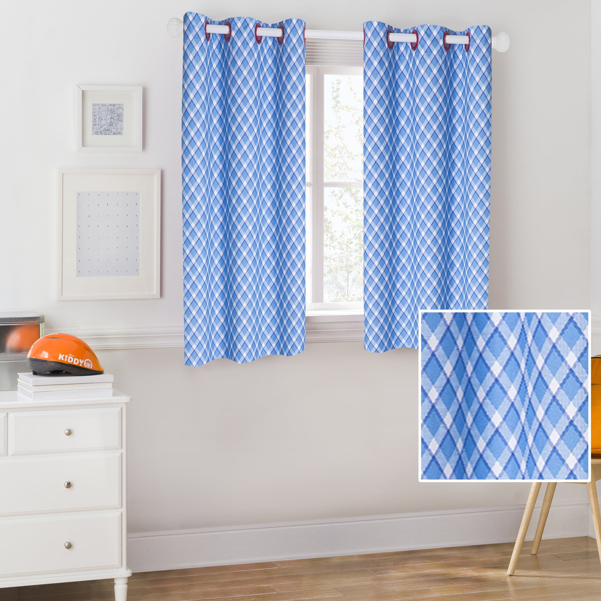 Mainstays Blue Plaid Kids Room Darkening Single Window Curtain Panel