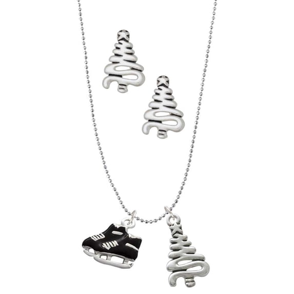 Delight Jewelry Silvertone Black Ice Skates Silver tone Zig Zag Christmas Tree Charm Necklace and Stud Earrings
