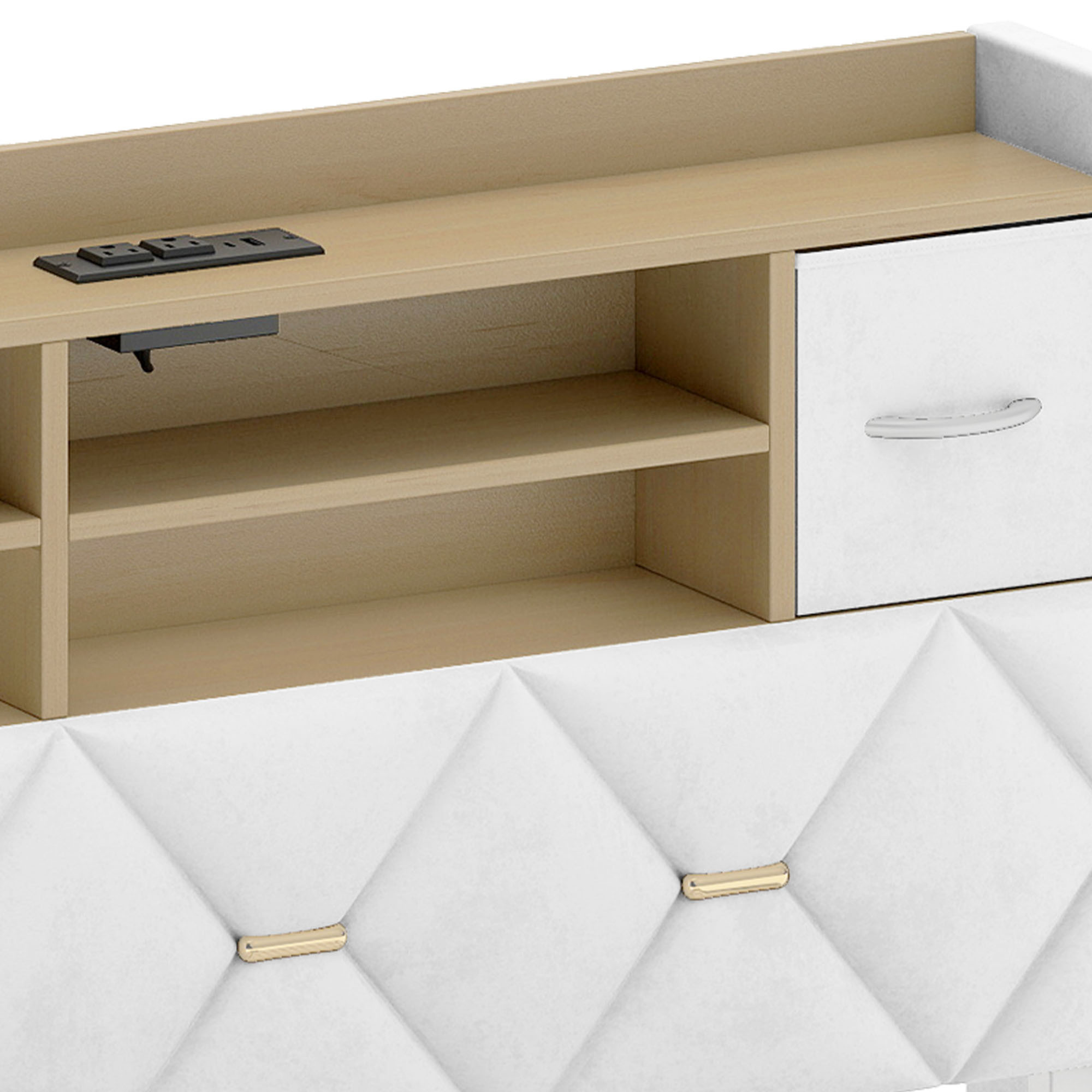 Uforic Upholstered Queen Size Bed Frame with Drawers & Storage Headboard, Velvet Bed Frame with LED Lights & Power Outlets, White