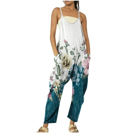 

Jsezml Womens Bohemian Jumpsuits Casual Loose Fit Wide Leg Floral Print Overalls Spaghetti Strap Rompers with Pockets