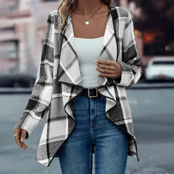 UQJfacai Womens Plaid Shawl Collar Cardigan Sweaters Long Open Front Flannel Jacket Buffalo Plaid Shacket Fashion Fall Outfits