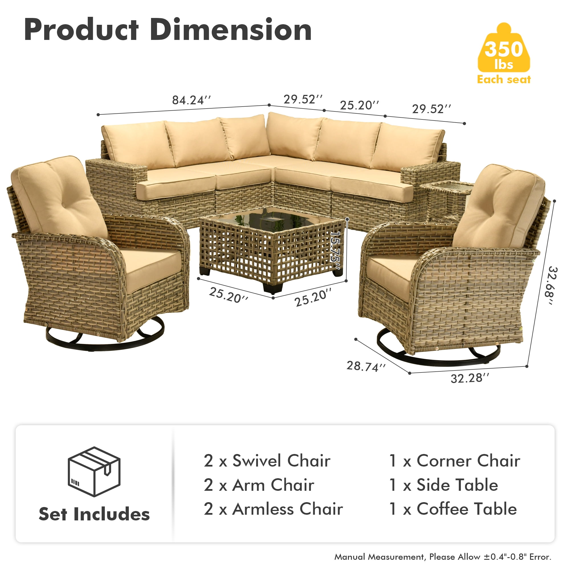 XIZZI 9-Piece Outdoor Sectional Patio Furniture Sets, Wicker Patio furniture with Swivel Chairs and Coffee Table, Rattan Outdoor Conversation Set for Balcony, Porch, Backyard, Beige