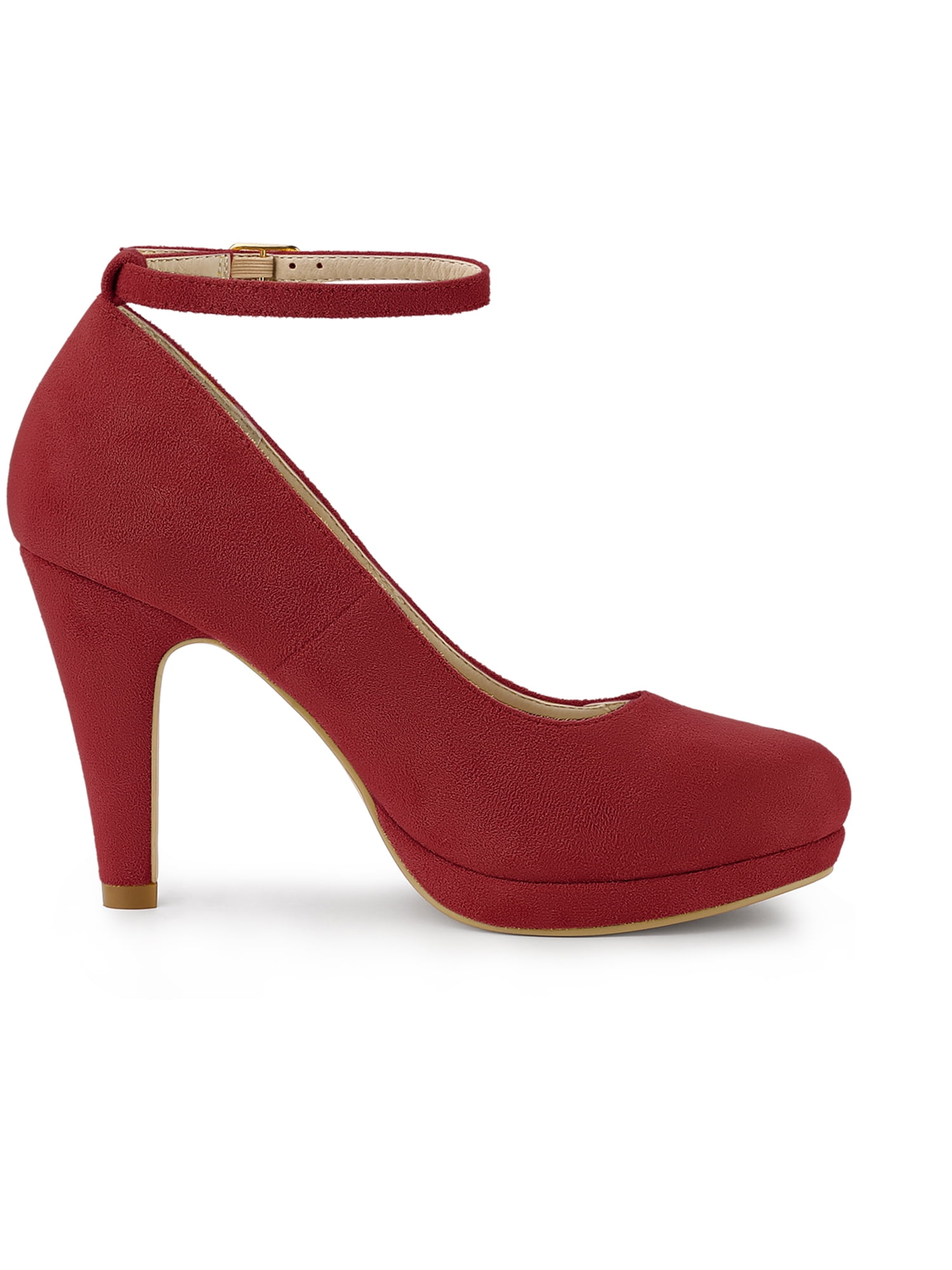 Unique Bargains Women's Round Toe Stiletto Heel Ankle Strap Pumps Red 6.5