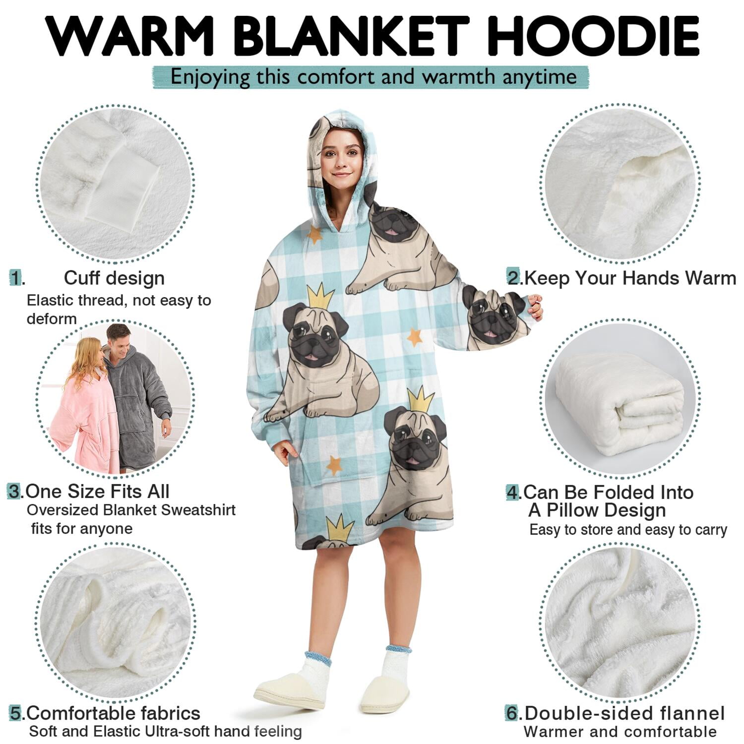 Pug with Crown Wearable Oversized Blanket,Wearable Blanket Hoodie for Adults,Cozy Hooded Blankets with Super Pockets,Super Warm Fuzzy Pullover for Women & Men