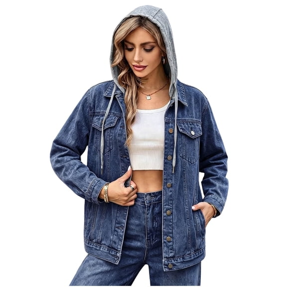 Nowekniz Women's Hooded Denim Shacket Jacket, Drawstring Button Front Long Sleeve Washed Jean Jacket with Pockets, Casual Western Outerwear