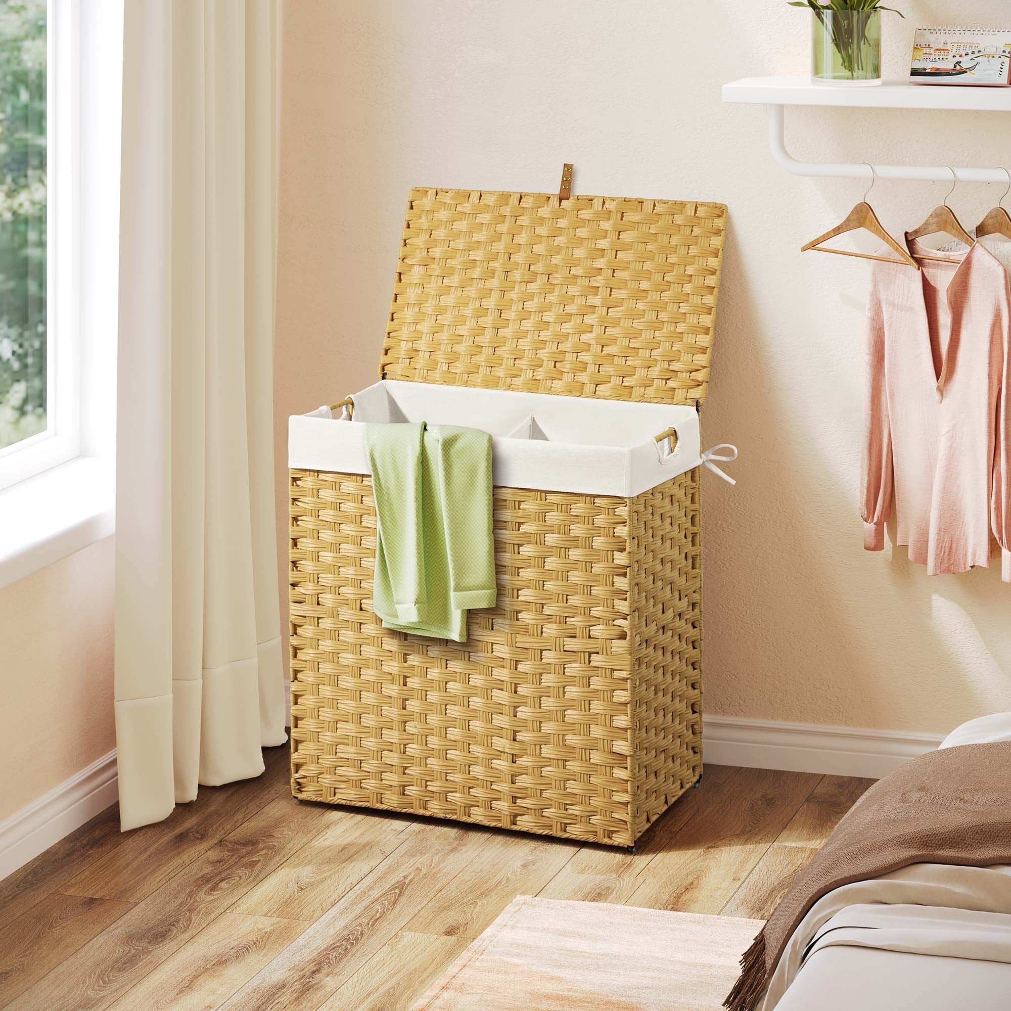 Rolanstar 110L Laundry Hamper Wicker Laundry Basket with Lid, Handles Clothes Hamper Foldable with 2 Removable Liner Bags, Natural