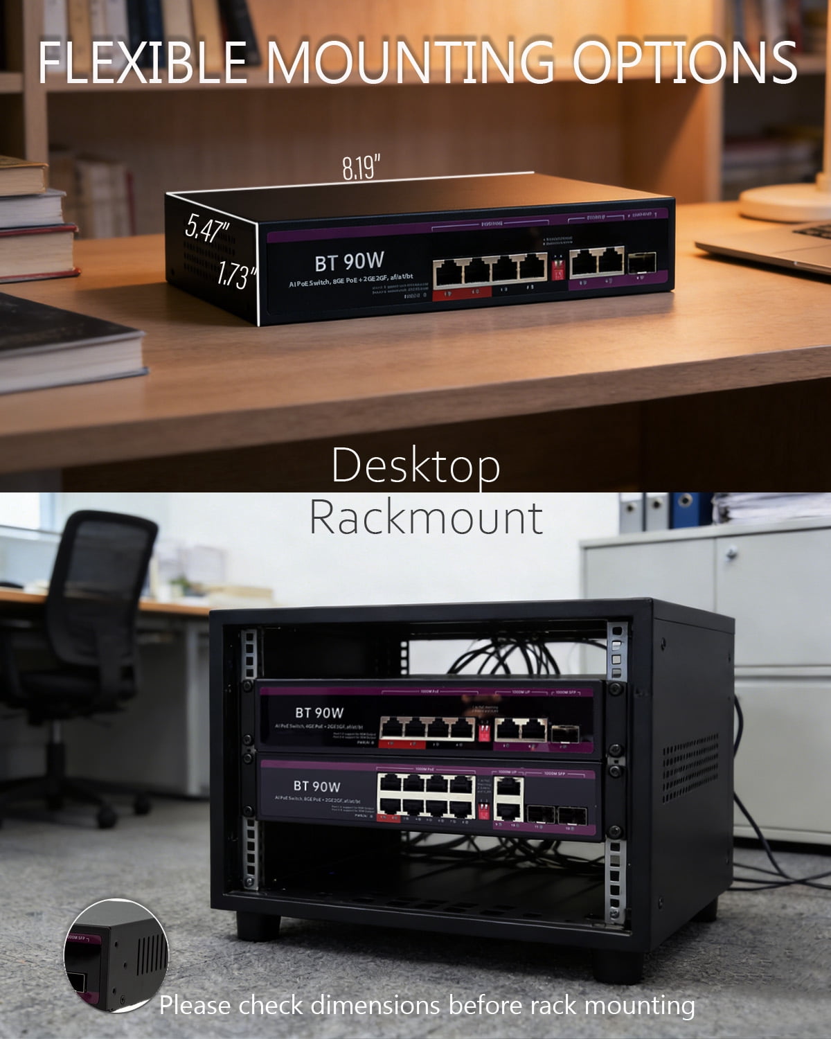 Ethernet Switch 4 Port Managed Gigabit PoE+ Switch with 3 Uplink Ports(2RJ45+1SFP), 2 Ports 90W PoE BT, VLAN Isolation, 6KV Surge Protection, Metal Case for Home Security & Office