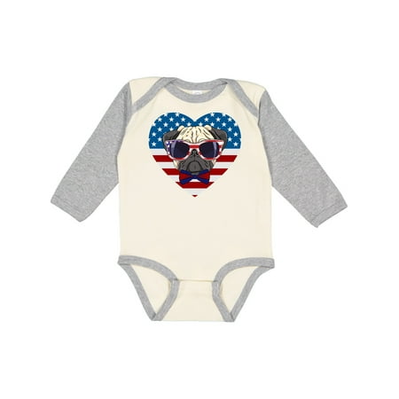 

Inktastic Pug Dog Patriotic US Flag Heart Gift Baby Boy or Baby Girl Long Sleeve Bodysuit