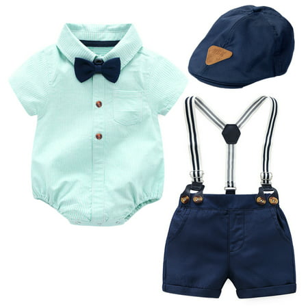 

Baptism Clothes for Boys Gentleman Outfits Infant Short Sleeve Suits Shirt/Bib Pants/Bow Tie/Hat Clothes Sets Wedding Costumes Suit 0-2Y