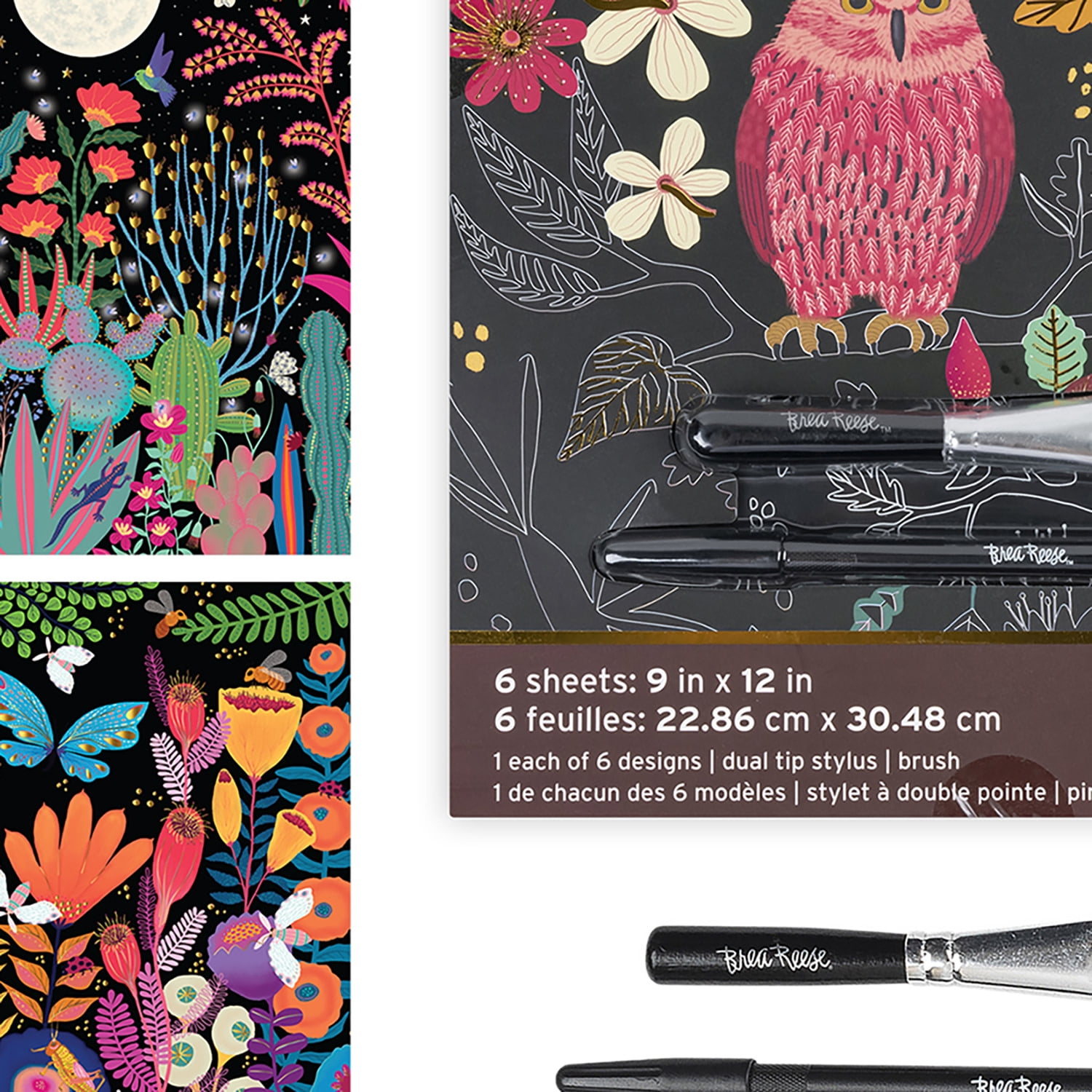 Brea Reese: Scratch Art Paper Pad - Owl & Moon - 6 Designs, Metallic Guided Art, Dual-Tip Stylus & Brush, Easy-to-Frame 9x12" Pages, Adult Craft Kit