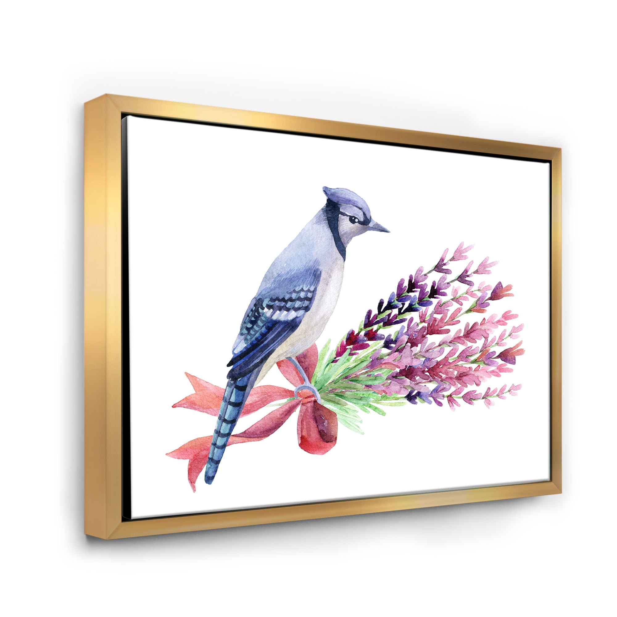 Designart 'Blue Jay Bird On Bouquet Of Pink Flowers' Traditional Framed Canvas Wall Art Print