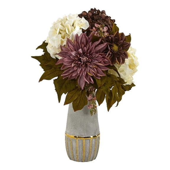 17in. Peony, Hydrangea and Dahlia Artificial Arrangement in Stoneware Vase with Gold Trimming