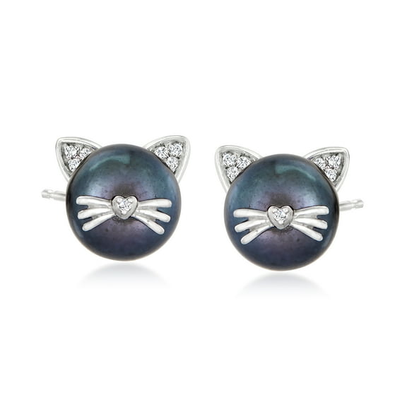 Ross-Simons 8-8.5mm Black Cultured Pearl Cat Earrings With Diamonds in Sterling Silver, Women's, Adult