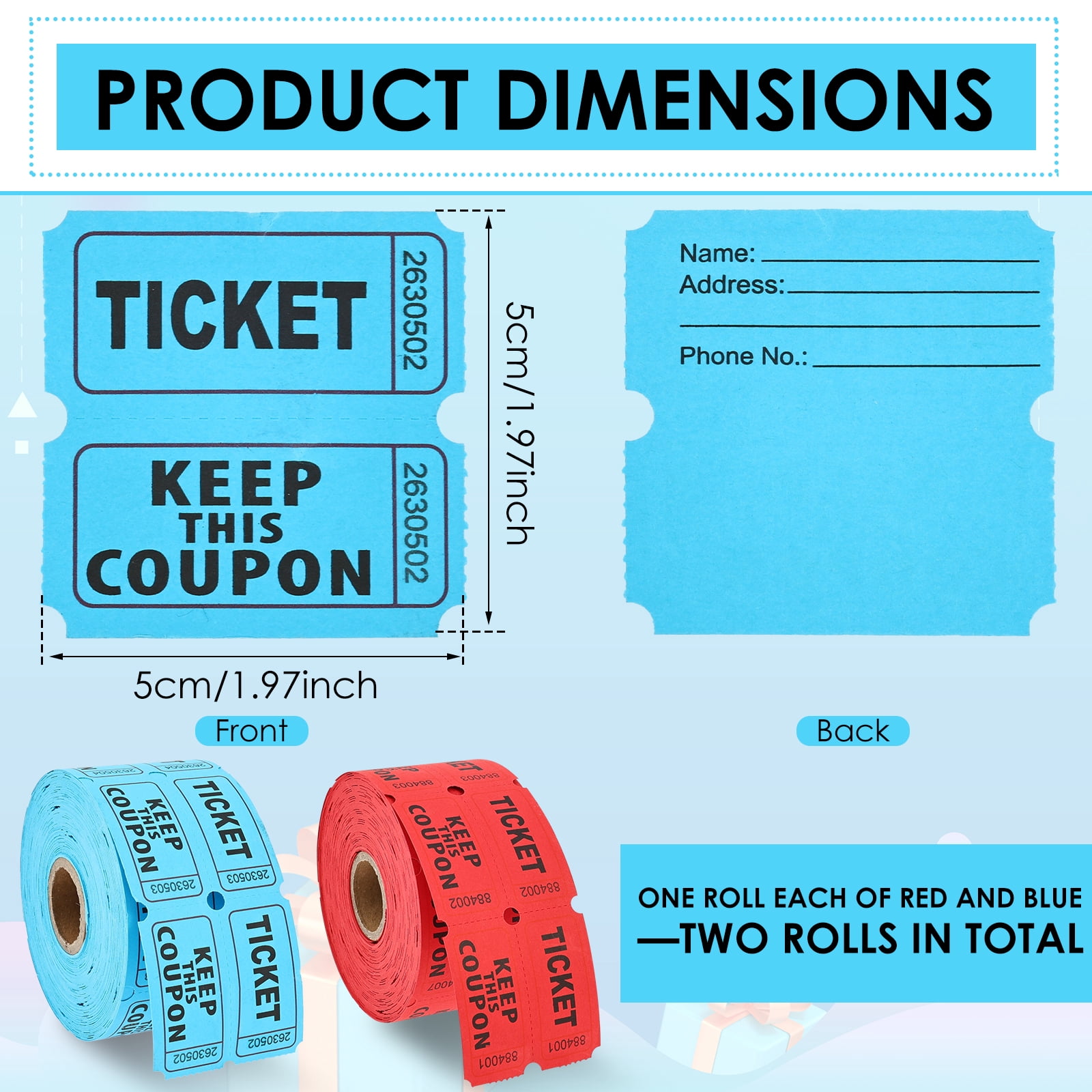 Atopoler 2 Rolls of Double Raffle Ticket,Roll Paper Ticket Roll with Tear Off Line for Campus Carnival Door Raffle Catering Event
