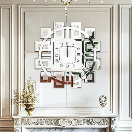 LUVODI Silver Irregular Wall Mirror Clock Crushed Diamond Inlay Wall Decor Clock Roman Numerals -23.62x23.62 inch