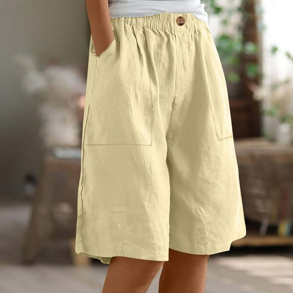 Bzhegqhd Women's Solid Color Half Shorts Pants Summer Elastic Waist Buttons Casual Pockets Pants