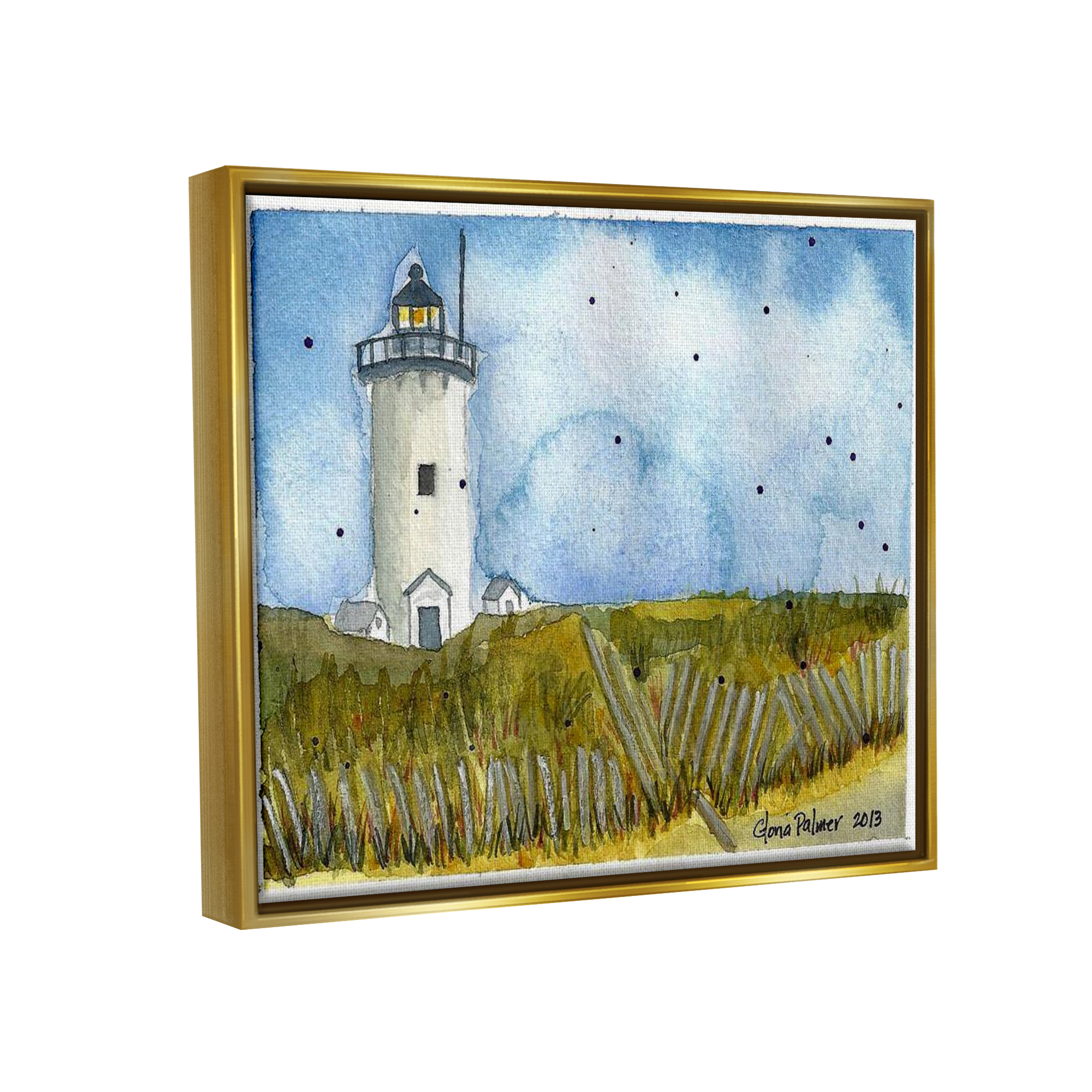Stupell Industries Rural Lighthouse Painting Nature Painting Gold Floater Framed Art Print Wall Art, 21 x 17