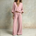 thumbnail image 5 of LEKWK Vacation Outfits for Women Elegant V Neck Long Sleeve Oversized Top and Wide Leg Pants Linen Matching Set Casual Travel Beach Loungewear, 5 of 6