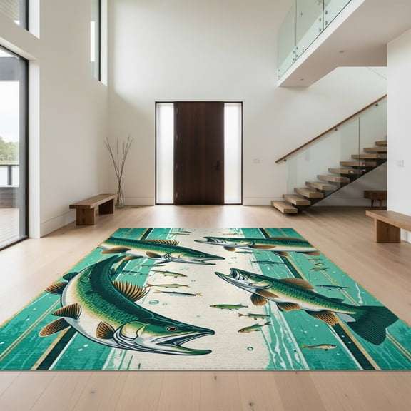 Design&I 8'x10' Washable Area Rug Fishing Bass And Pike Lake Scene With Wildlife Lure Border Design for King Size Bedroom, Under Bed, Sleek Flatweave Pet Friendly