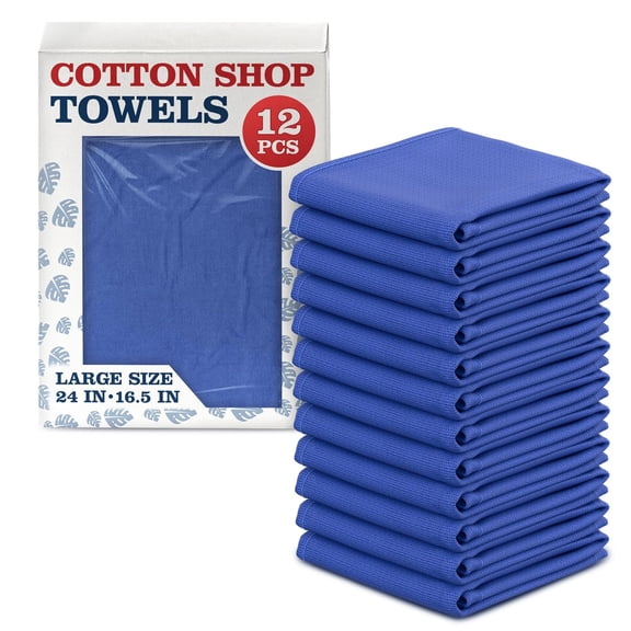 Huck Towels -12 Pack 24"x16.5" Cotton Blue Shop Towels - Large Cotton Rags for Cleaning, Reusable Cloths for Kitchen, Bar, Garage, Housekeeping | Absorbent Cleaning Cloths for Wiping & Polishing