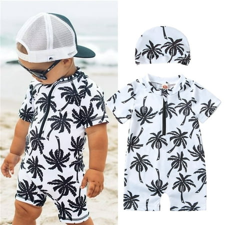 

Infant Baby Boys One Piece Swimsuit Short Sleeve Coconut Tree Print Zip Up Rashguard Swimwear Bathing Suit with Hat