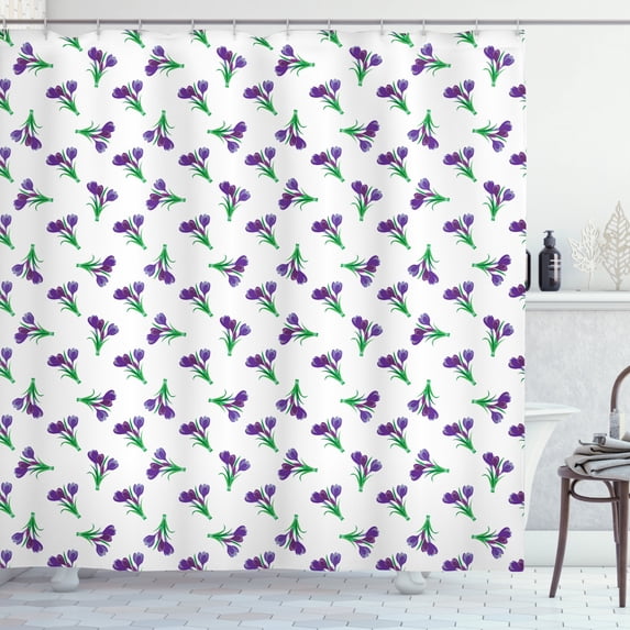 Garden Shower Curtain, Springtime Purple Meadow Flowers Idyllic Mother Nature Gardening Theme, Fabric Bathroom Set with Hooks, 69W X 84L Inches Extra Long, Purple Forest Green, by Ambesonne