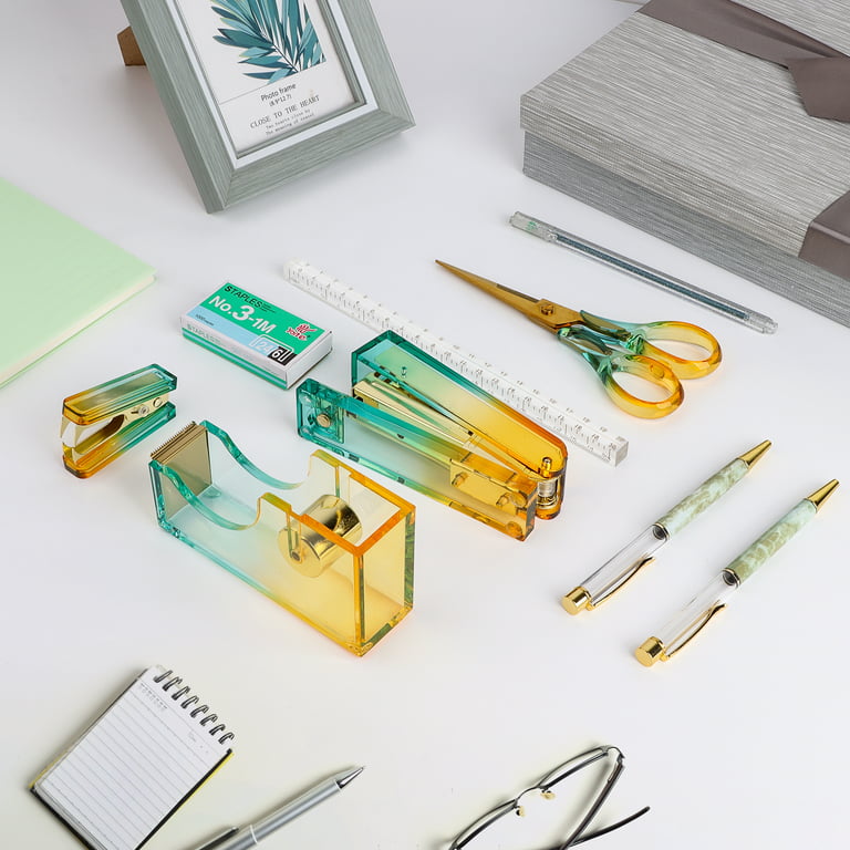 Gold Desk Accessories Stapler 9 Set ,Acrylic Stapler Set for Gift,with  Stapler, Tape Dispenser, Staple Remover, Clips,2 Ballpoint Pens Ruler,  Scissors