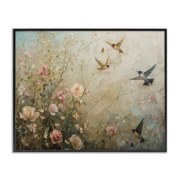 Stupell Industries Spring Meadow Birds Plants & Flowers Painting Black Framed Art Print Wall Art, 14 x 11