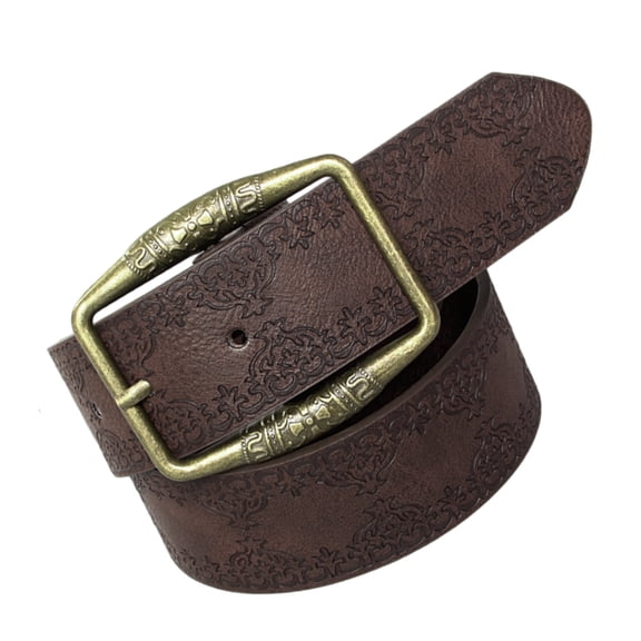 Women Vintage Waist Belt with Antique Bronze Buckle Engraved PU Leather Belts