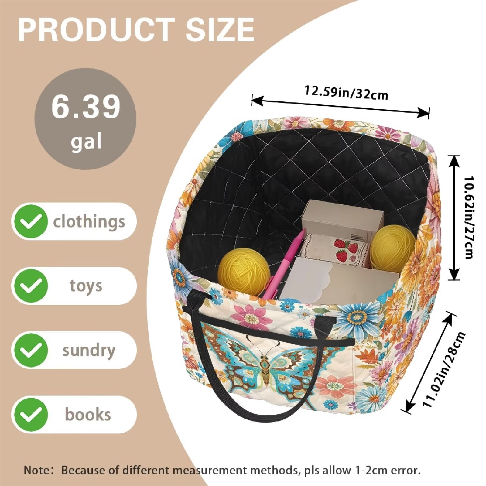 Yuyamidu Colorful Butterfly Storage Basket Fabric with Handles Quilted Basket Large Capacity Laundry Basket Portable Folding Storage Nursery Organizer Bin for Clothes Toys