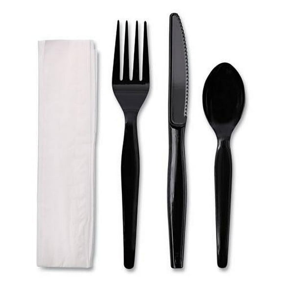 Boardwalk Four-Piece Cutlery Kit, Fork/Knife/Napkin/Teaspoon, Heavyweight, Black, 250/Carton -BWKFKTNHWPSBLA
