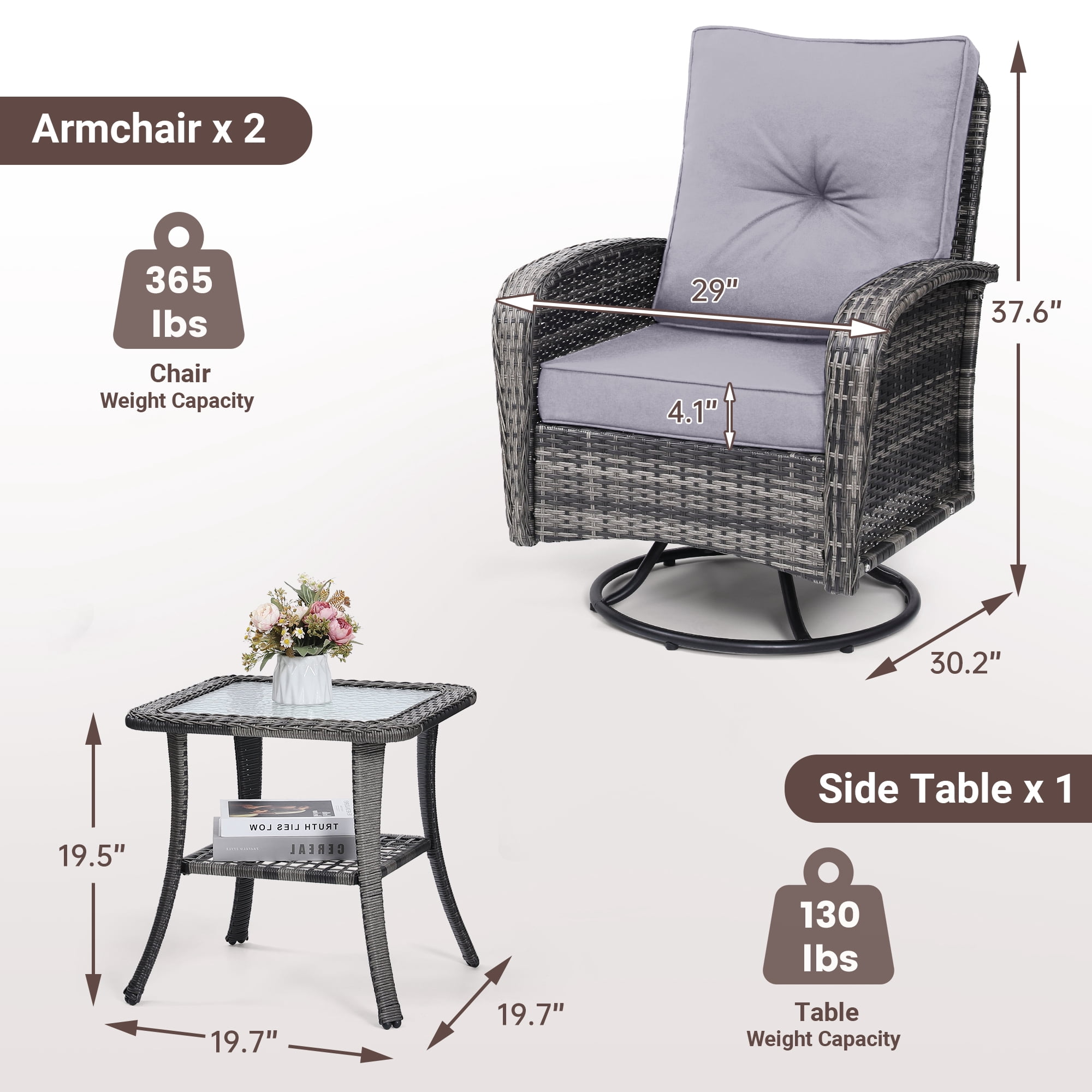Melocadol Patio Wicker Glider Set, 2 Swivel Chairs with Matching Table, Comfy Washable Seat Cushions, Premium Outdoor Furniture for Garden, Balcony, Grey Rattan Grey Cushion