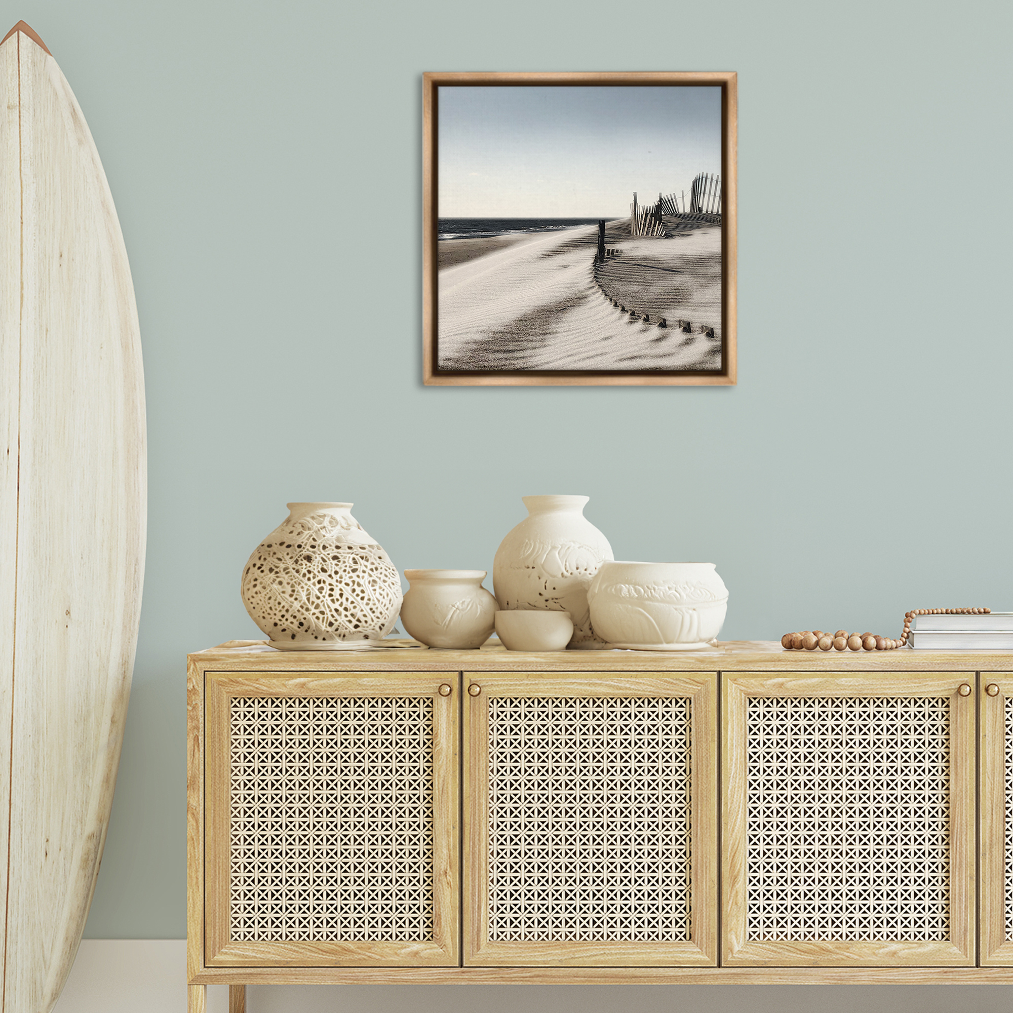 Stupell Industries Rippled Beach Fence Landscape Painting Brown Floater Framed Canvas Art Print Wall Art, 25 x 25
