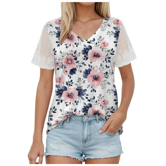 TTUHYWXI 2025 Womens Tops Summer Lace Short Sleeve V Neck Tunic T-Shirts Blouse (Light Pink, XL)