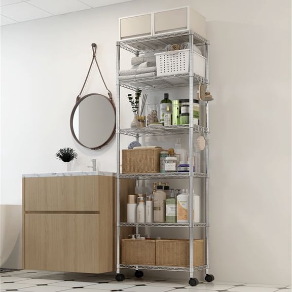 Heavy Duty Storage Shelves 72.83" H Wire Shelving Unit with Wheels 1020LBS NSF Metal Shelves for Storage Adjustable Garage Storage Rack Pantry Shelf Commercial Shelving, 72.83" H X 23.6''W X 13.78