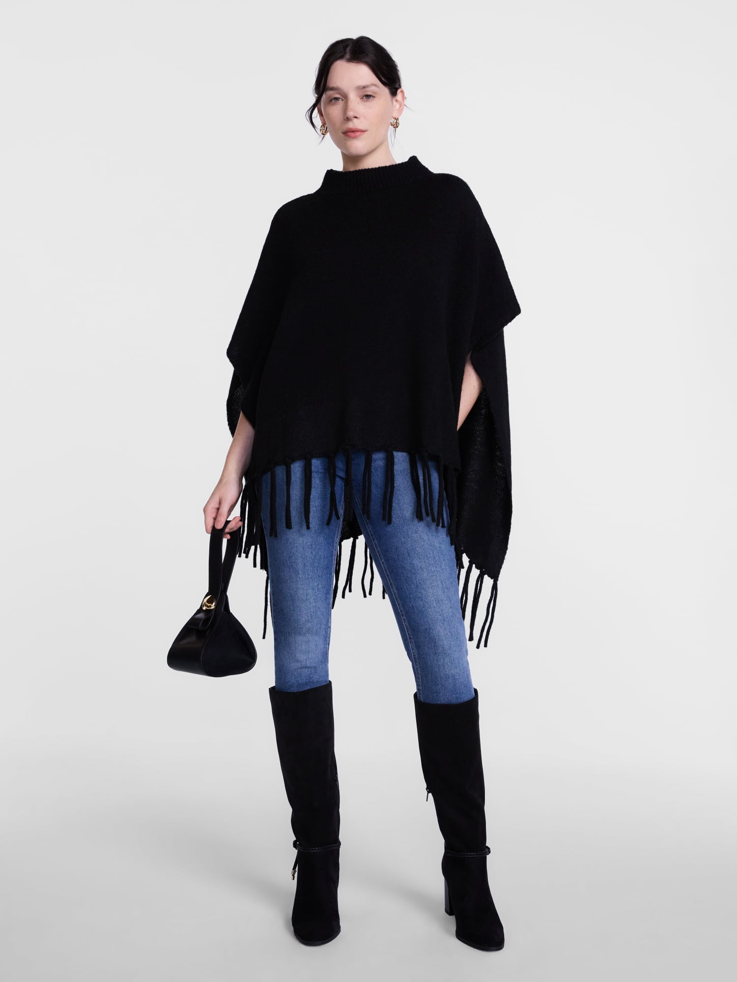 Scenario Women's Mock Neck Fringe Poncho, Sizes S-XL