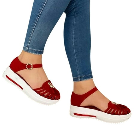 

Women s Wedge Platform Sandals Hollow Out Sandals Sports Buckle Summer Shoes 40 Red
