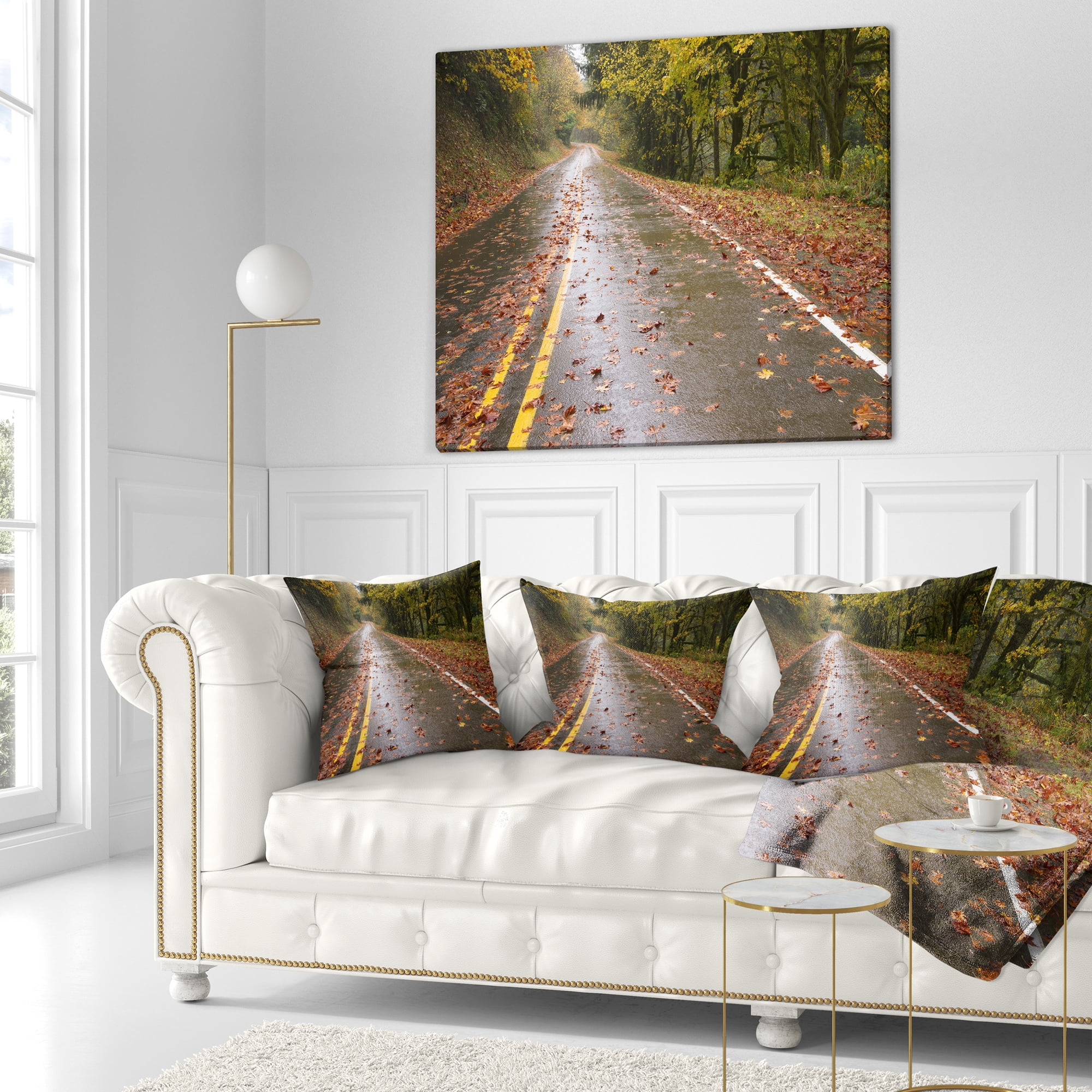 Designart Wet Rainy Road in Forest - Landscape Photo Throw Pillow - 18x18