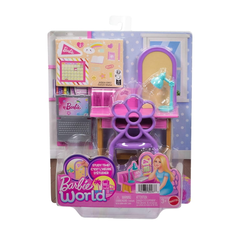 Barbie World Desk Playset with 4 Pieces for Study Time, Furniture