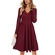 thumbnail image 1 of Vestido de cintura alta con cuello en V y manga larga drapeado ajustado color puro vestido hasta la rodilla para mujer rojo vino S, 1 of 6