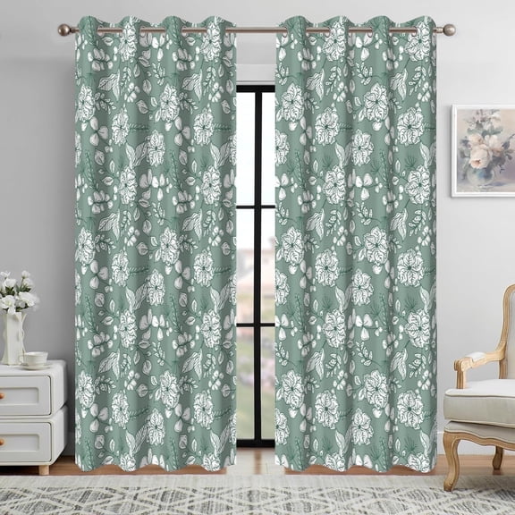DaShan Green Floral Blackout Curtains for Living Room,Thermal Insulated Grommet Drapes for Bedroom,52x84 Inch,Set of 2