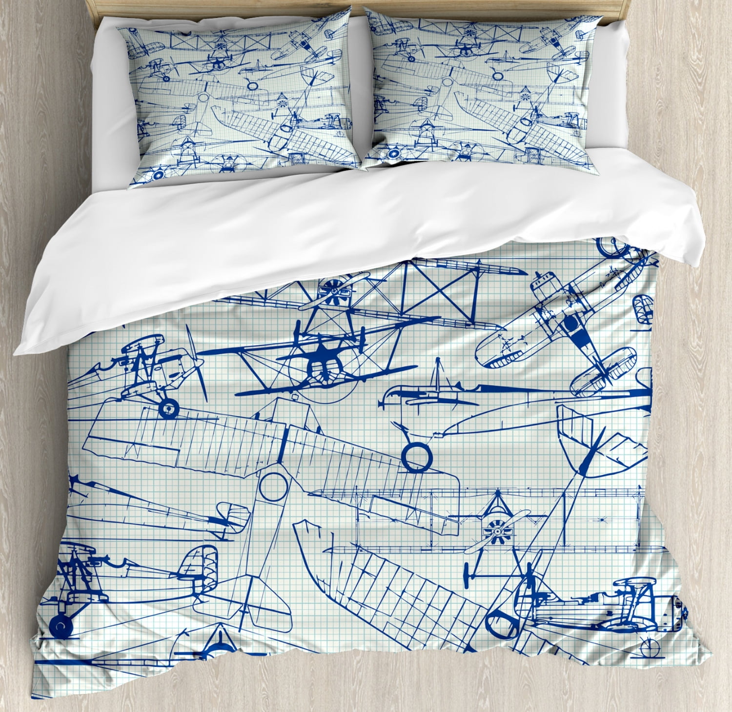Airplane Duvet Cover Set, Old Airplane Drawings Classic Dated Flight