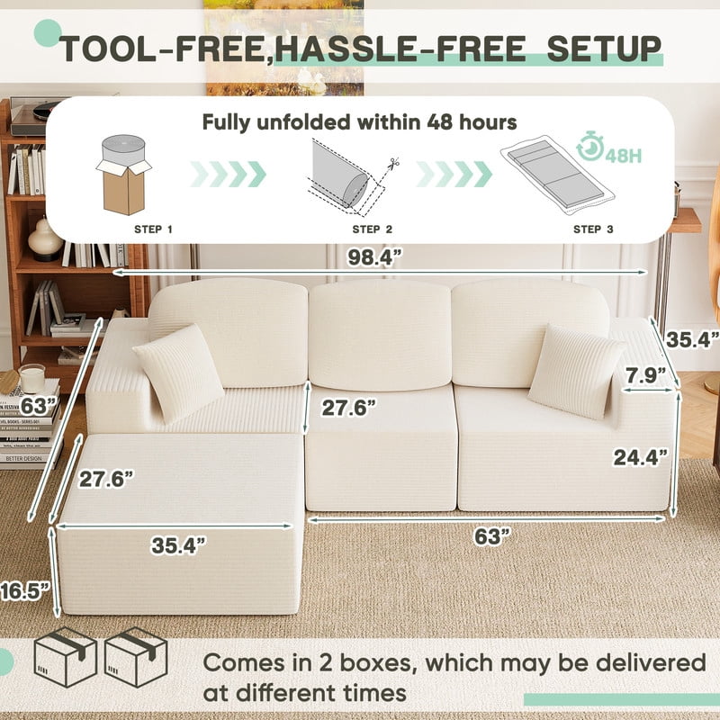 Homall 98.4" L-shaped Multi-person Boneless Sectional Couches and Sofas Modular Sectional No Assembly Required Living Room Sofa Furniture Sets, Beige