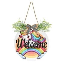 A Unicorn on Rainbow Welcome Sign for Front Door Wreath Door Sign for Farmhouse Porch Decoration Indoor Outdoor