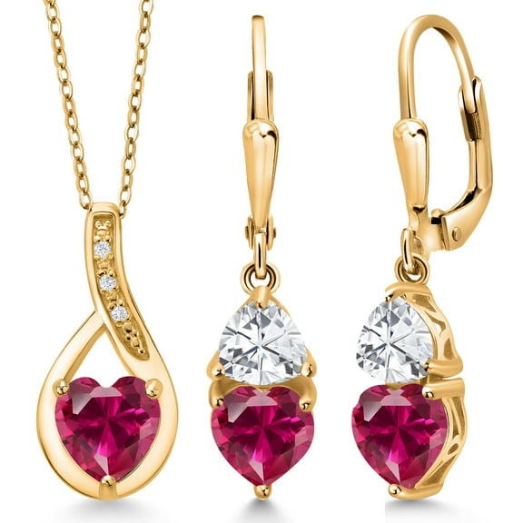 Gem Stone King 18K Yellow Gold Plated Silver Red Created Ruby Pendant Earrings Set for Women (4.86 Cttw, Gemstone July Birthstone, with 18 inch Chain)