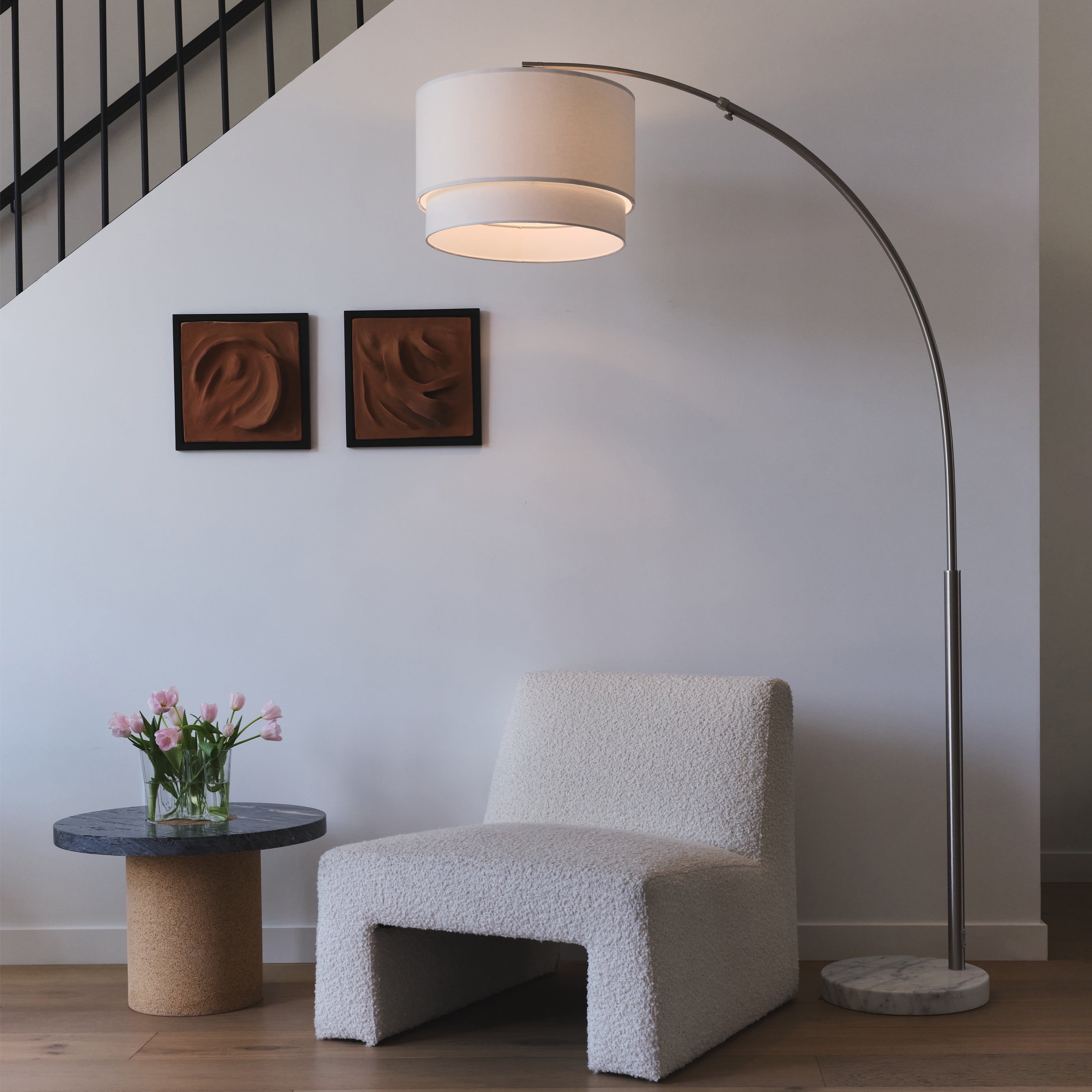 Brightech Mason 81" Modern Extendable Arm LED Floor Lamp with 2-Tiered White Fabric Shade and Marble Base - Nickel