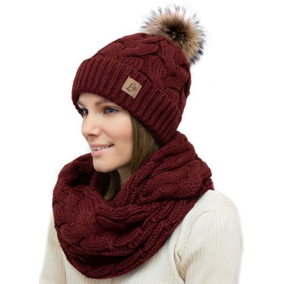 Lelaffet Women Hat Scarf Set Pom Beanie Girls Cute Winter Ski Hat Slouchy Knit Cap with Fleece Lined Burgundy