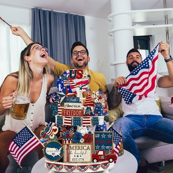 Fwttom 4Th of July Decorations, 26 Piece Tiered Tray Decor Independence Day Flag Wood Sign Tray Decor