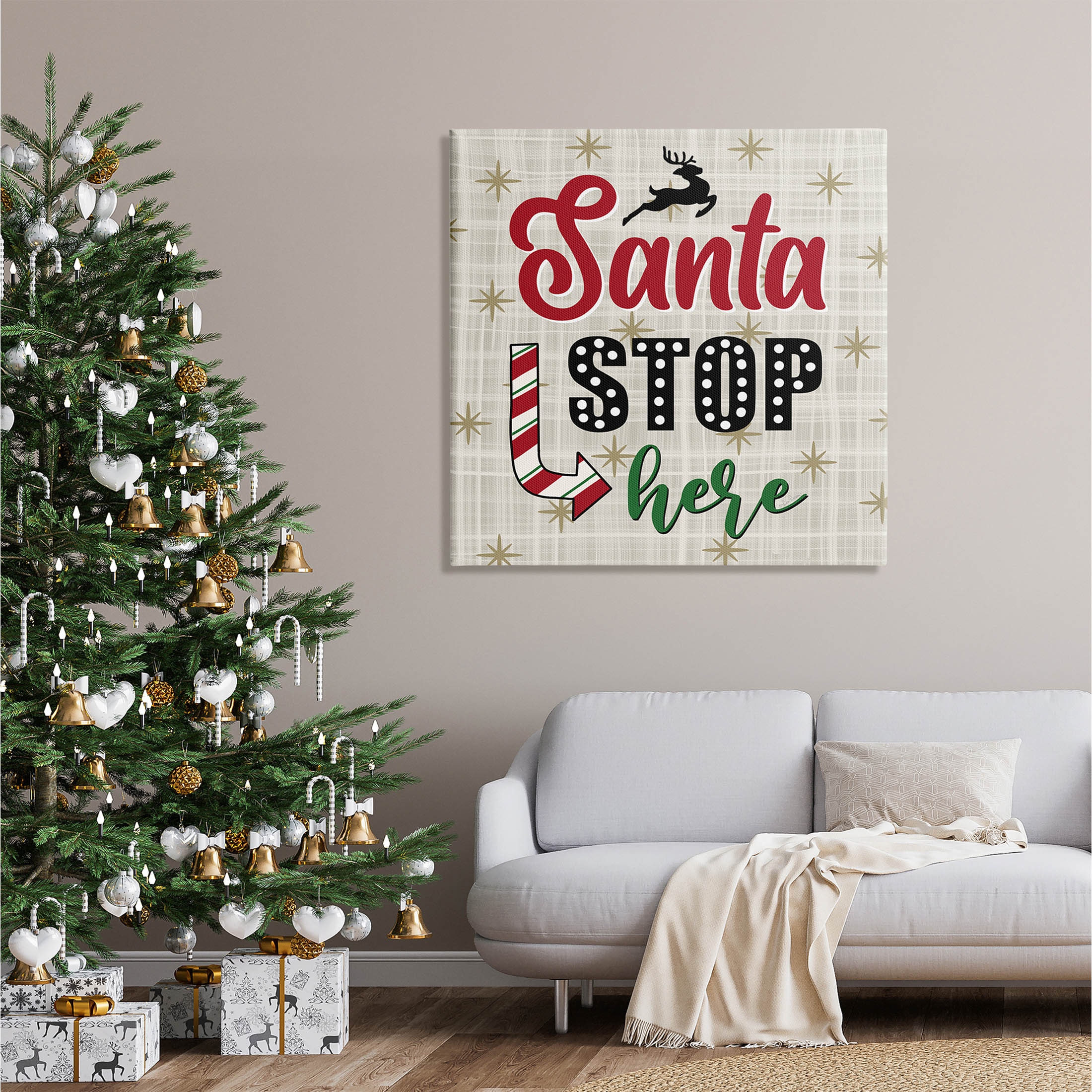 Santa Stop Here Retro Holiday Holiday Graphic Art Gallery Wrapped Canvas Print Wall Art