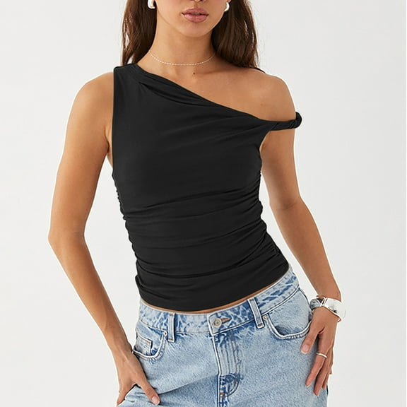 TMOYZQ Womens Tops One Off The Shoulder Ruched Twist Crop Tank Tops Sleeveless Asymmetric Slim Fit Going Out Cami Shirts